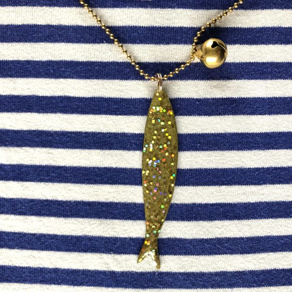 Collana "la Sardina" glitter oro  in metallo con sonaglio porta fortuna