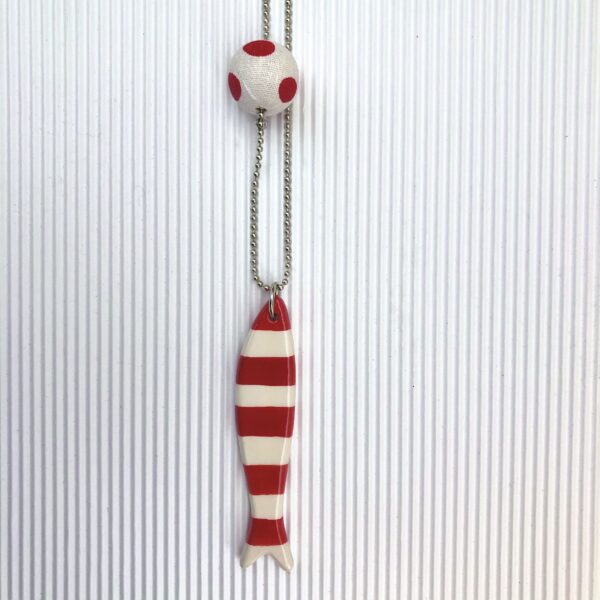 Collana "la Sardina" in ceramica riga rossa con perla a pois - immagine 2