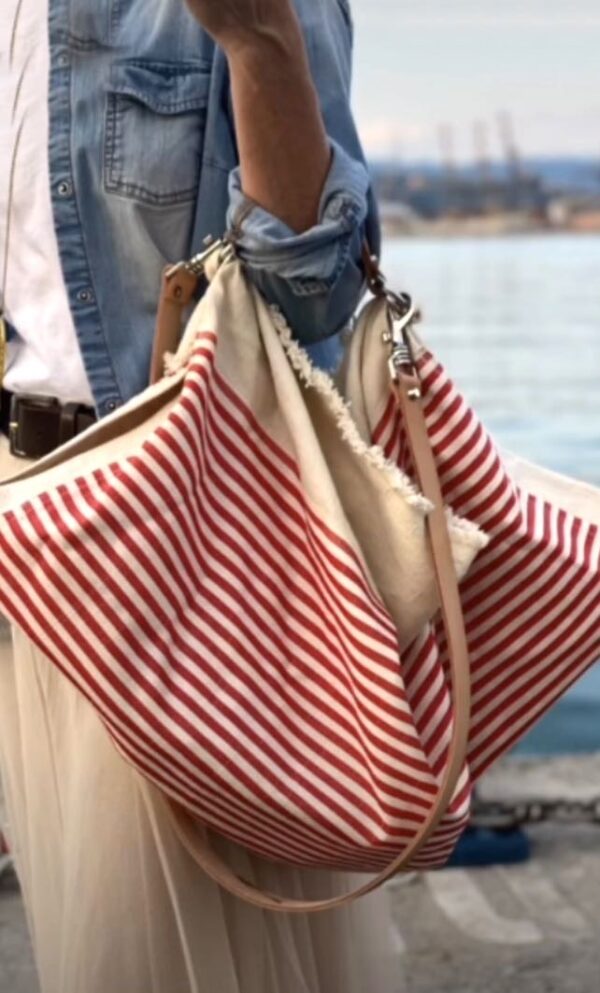 Borsa "Mandillo Bag" panna  con riga Rossa - immagine 3